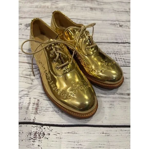 The Office of Angela Scott Mr Leopold gold patent leather Oxford 37.5/7.5 new wi - Picture 2 of 7